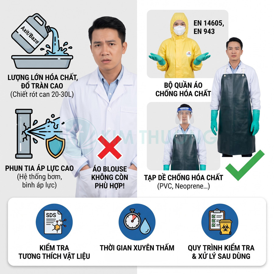 Tạp dề và quần áo bảo hộ chống hóa chất, kèm găng tay và mặt nạ bảo vệ khi xử lý hóa chất bắn tóe áp lực cao